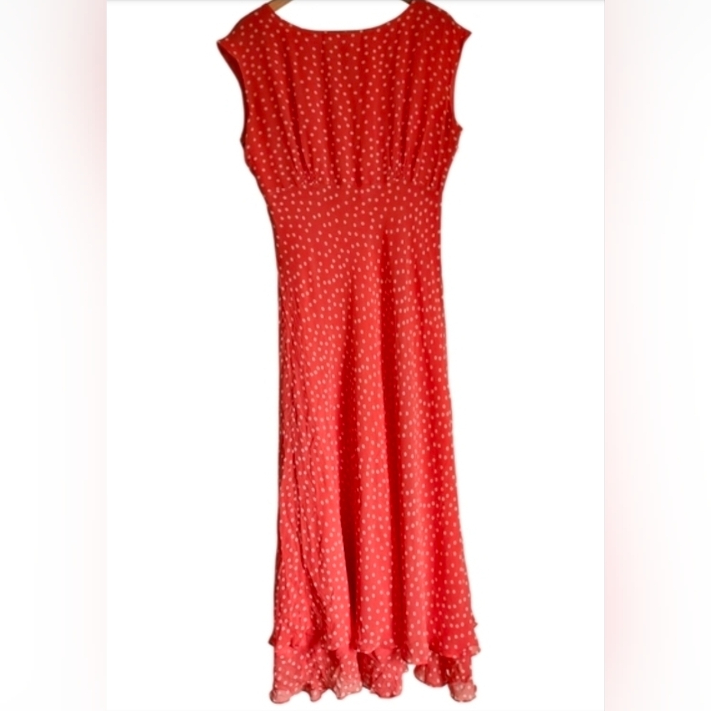 Chadwick's Silk Maxi Dress Lined Polka Dot Coral Side Zip Sleeveless Fairycore